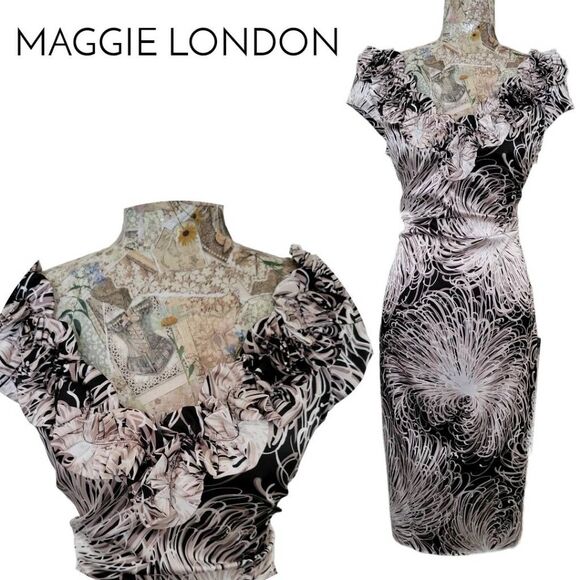 Maggie London NEW Neutral Black & White Tight Hugging Ruffled Top V Neck Dress - Picture 2 of 12